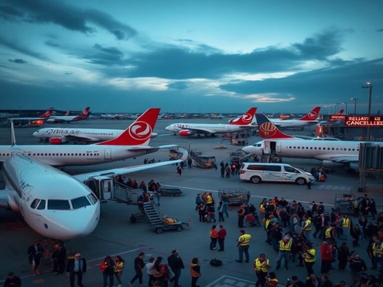 A busy European airport terminal with delayed flight announcements on screens, passengers checking phones and boarding passes