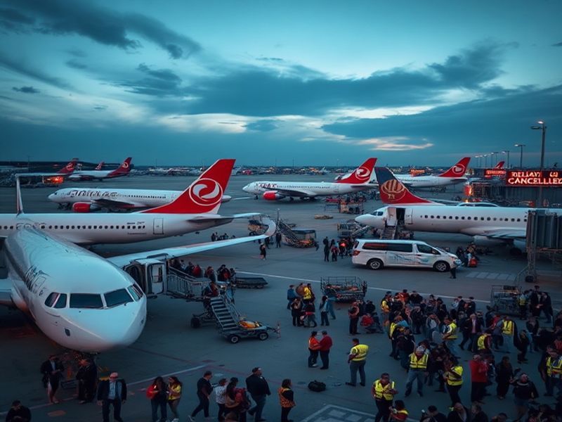 A busy European airport terminal with delayed flight announcements on screens, passengers checking phones and boarding passes