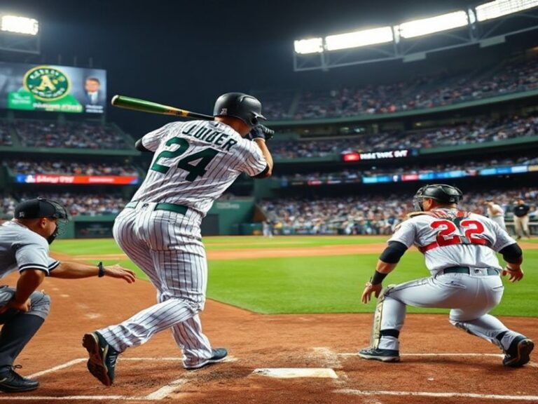 A split-screen image showing the Oakland Athletics' green and gold uniform on one side and the New York Yankees' navy and whi