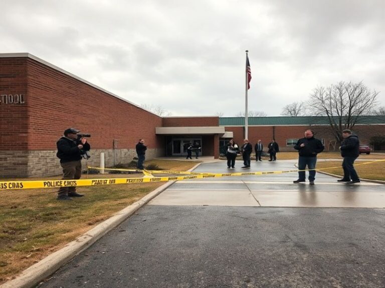 A somber image depicting a high school exterior with memorial flowers and candles, students and adults in quiet reflection, m