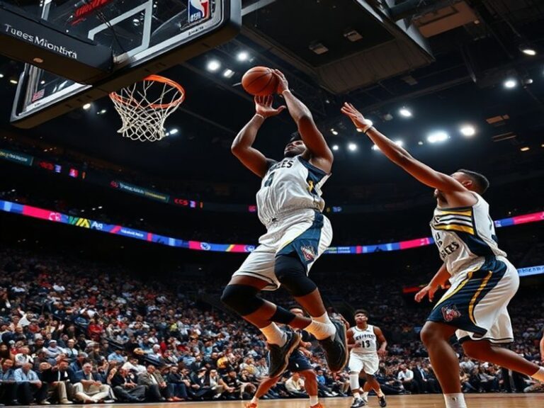 A dynamic NBA action shot featuring Anthony Edwards of the Timberwolves and Tyrese Haliburton of the Pacers mid-game, with th