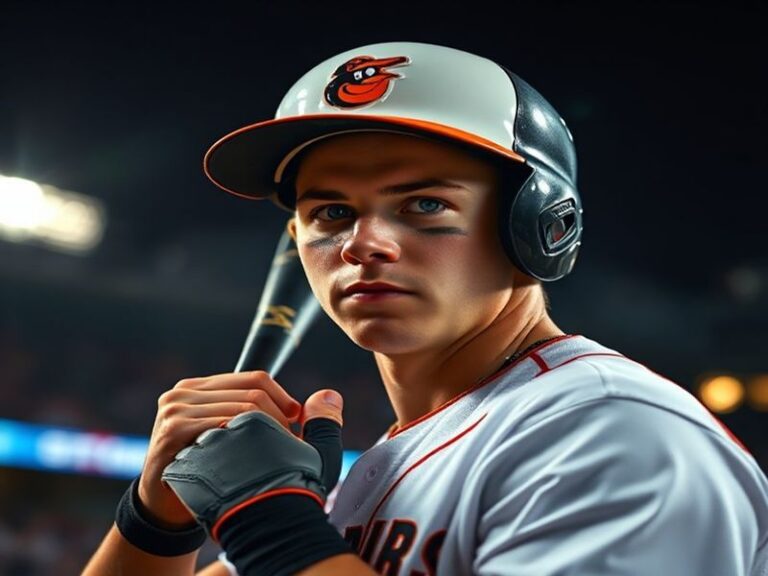 A dynamic action shot of Gunnar Henderson in a Baltimore Orioles uniform, mid-swing during a game at Camden Yards, capturing
