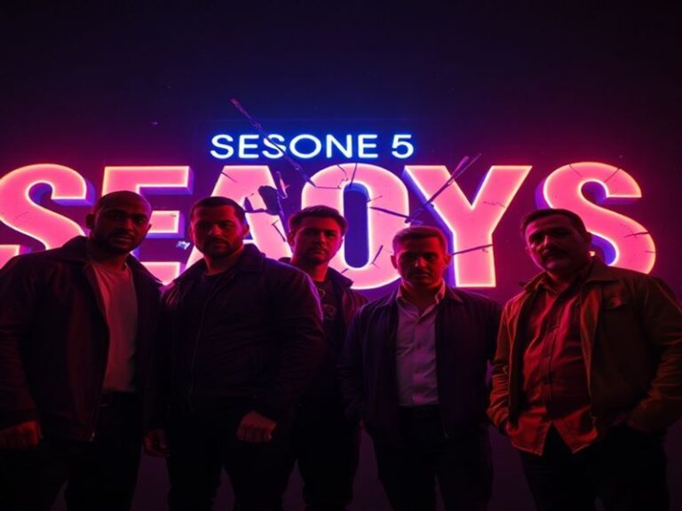 A moody promotional still of The Boys cast in costume, standing in a dimly lit alley with neon signs, rain reflecting on the