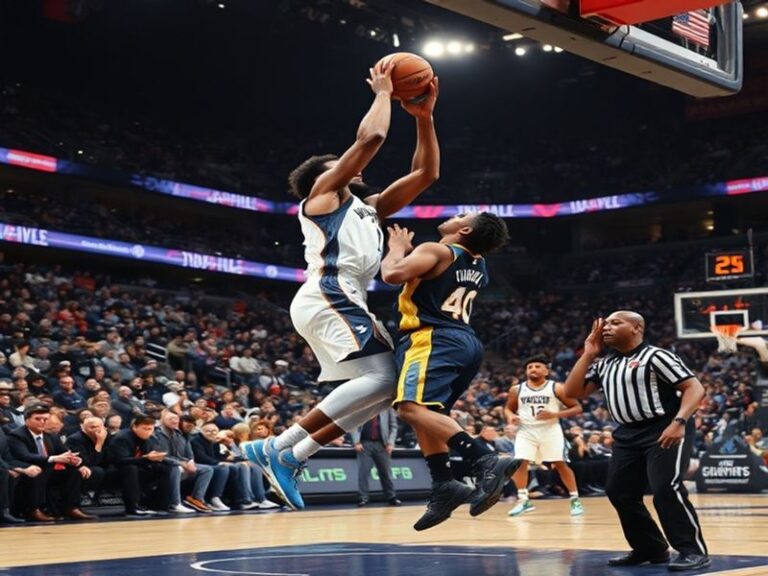A split-screen image showing Anthony Edwards driving to the basket on the left and Tyrese Haliburton dribbling in the half-co