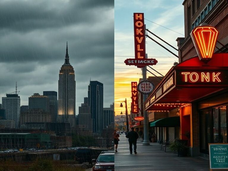 A vibrant cityscape of Nashville at dusk, featuring the iconic AT&T Building and Broadway's neon-lit honky-tonks, juxtaposed