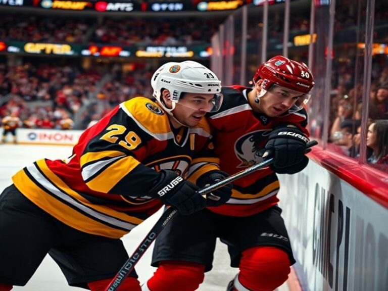A fast-paced NHL playoff game between the Boston Bruins and Carolina Hurricanes, featuring players in action, bright arena li