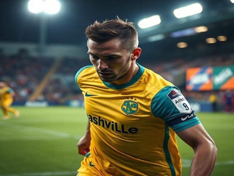 A vibrant shot of Geodis Park during the Nashville SC vs Club América match, with fans in team colors, bright stadium lights,