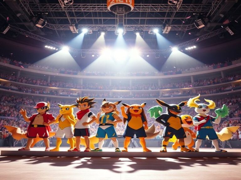 A dynamic scene of a Pokémon battle in an arena setting, with a trainer in a Champion’s cape holding a Poké Ball, surrounded