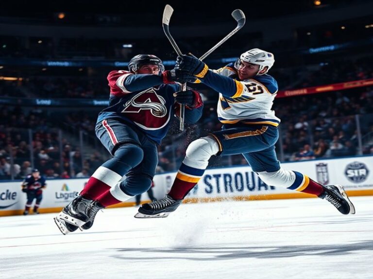 A split-screen image showing Nathan MacKinnon of the Avalanche in a high-speed breakaway on the left, and Jordan Binnington o