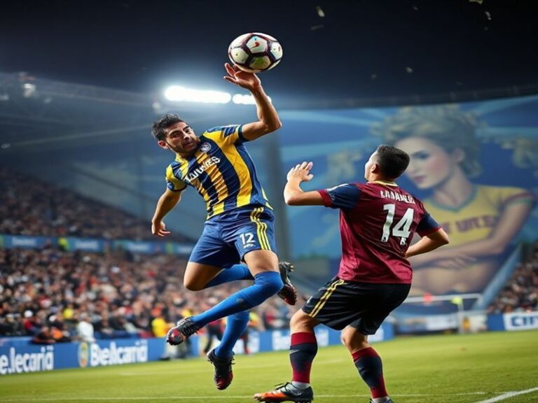 A vibrant stadium atmosphere with Universidad Católica players in purple and white facing Boca Juniors in blue and yellow, un