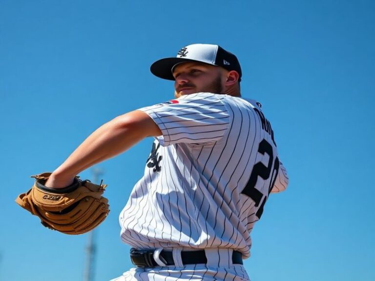 Garrett Crochet mid-pitch during a Chicago White Sox game, wearing navy and silver uniform, intense focus, blurred stadium ba