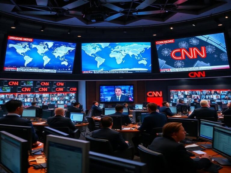 A split-screen image showing a CNN newsroom with journalists at work on one side and a globe with interconnected data points