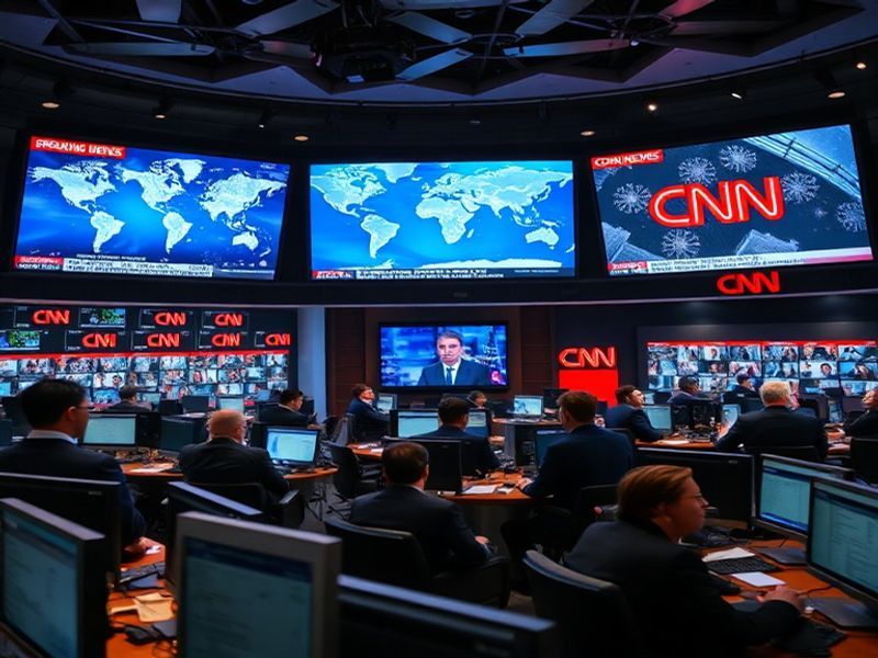 A split-screen image showing a CNN newsroom with journalists at work on one side and a globe with interconnected data points