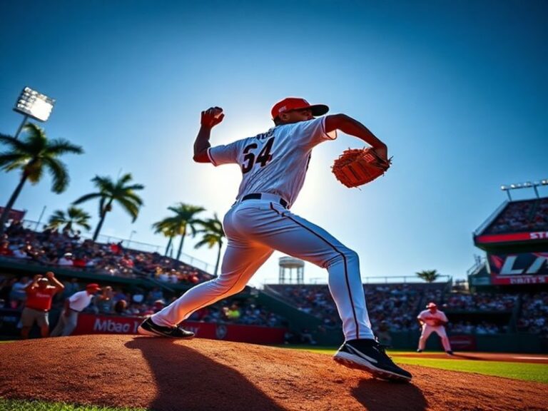 A dynamic action shot of Sandy Alcantara mid-pitch on a mound, wearing his Miami Marlins uniform, with a blurred background e
