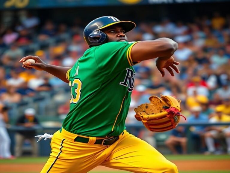 A focused action shot of Taj Bradley mid-pitch, wearing a Tampa Bay Rays uniform with a blurred stadium background emphasizin