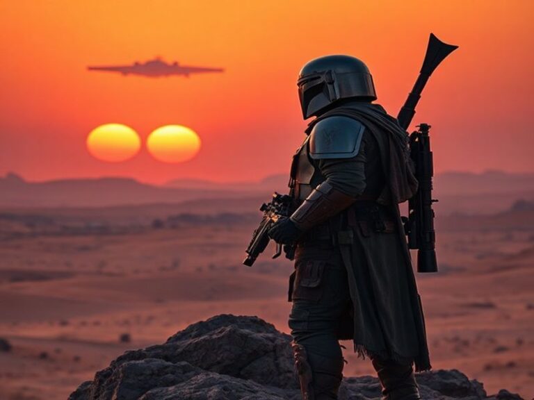A cinematic shot of Din Djarin in his beskar armor, holding Grogu in his arms, standing against a backdrop of a dusty desert