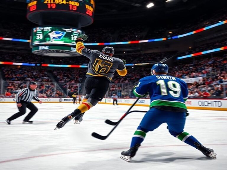 An intense NHL game between the Vegas Golden Knights and Vancouver Canucks, showcasing the contrast between the two teams' st