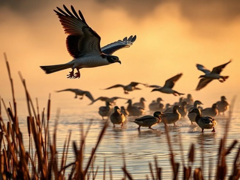 A dramatic scene of a mallard duck in mid-flight, pursued by a red-tailed hawk against a backdrop of a sunlit wetland with ta