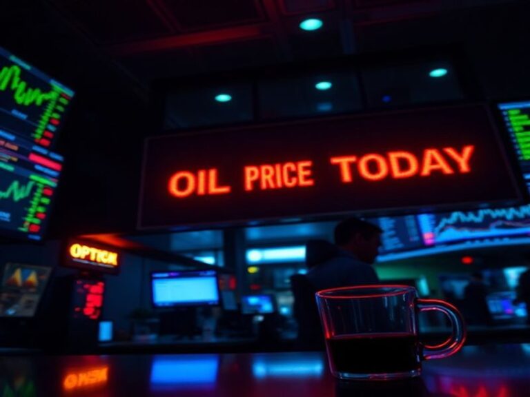 A digital stock chart displaying oil price fluctuations with a background of oil rigs and a trading floor, conveying real-tim