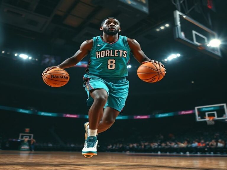 A dynamic action shot of Kemba Walker mid-game, wearing a Celtics jersey, dribbling past a defender with an intense, focused