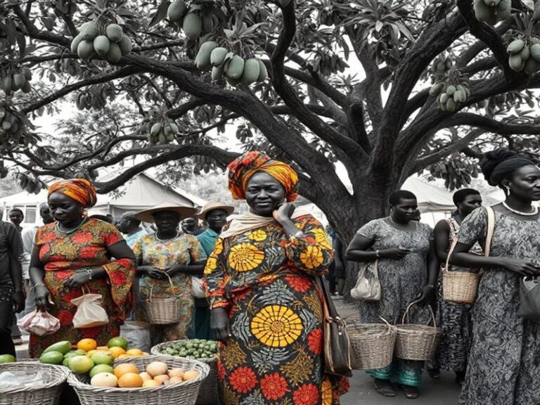 A dynamic portrait of Bez Mbeng in a studio setting, surrounded by vibrant art installations and musical equipment. He is wea