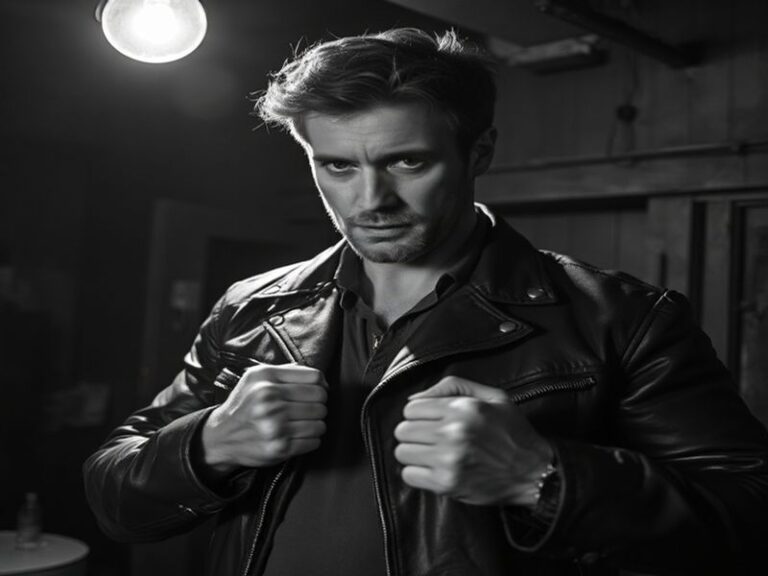 A moody studio portrait of Scott Speedman in his 40s, dressed in a dark blazer with a neutral expression, set against a minim