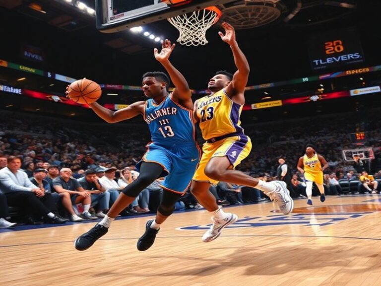 A dynamic action shot of Shai Gilgeous-Alexander driving to the basket against the Lakers' defense, with LeBron James in the