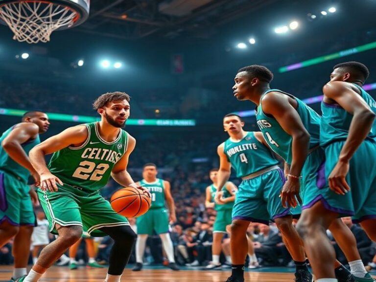 A dynamic NBA court scene featuring the Boston Celtics and Charlotte Hornets in action, with players like Jayson Tatum and La