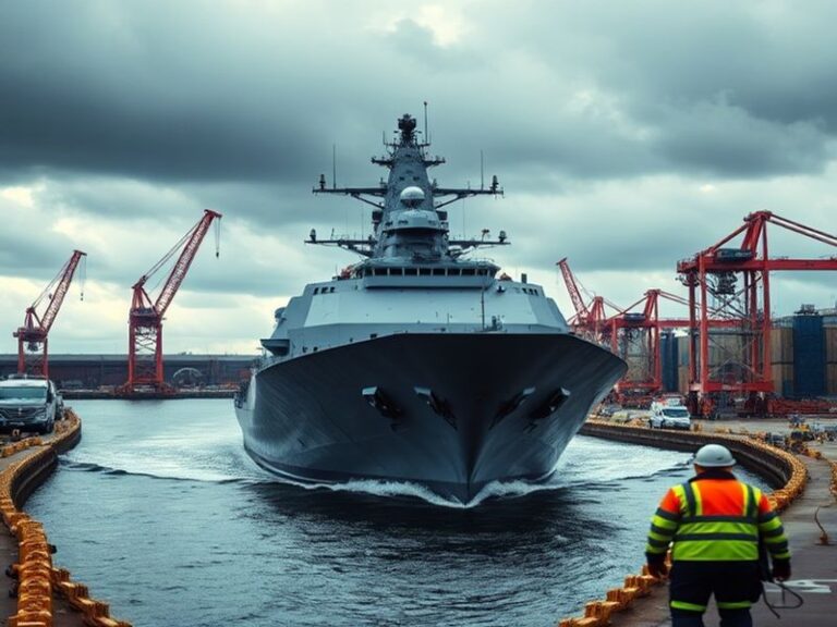 Aerial view of HMS Dragon docked at Portsmouth Naval Base, with historic ships and modern naval infrastructure visible. The s