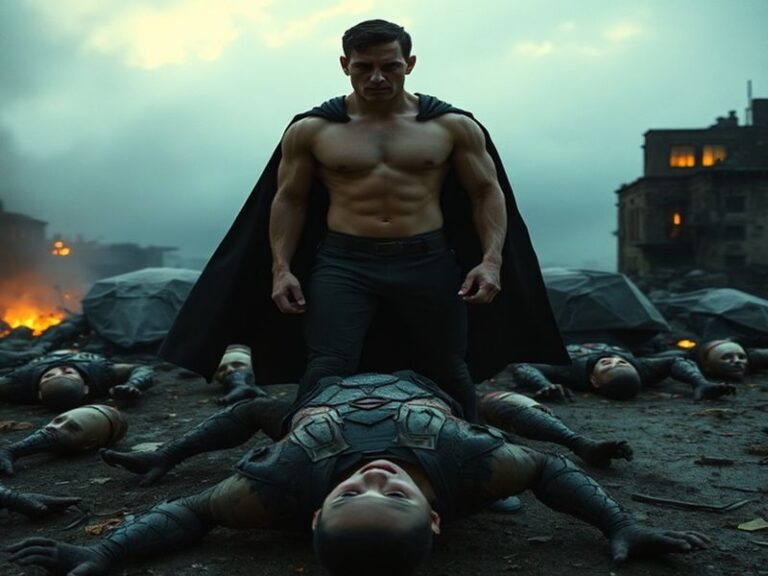 A moody promotional image of The Boys Season 5 cast in dark, cinematic lighting. Homelander looms in the background with a sh