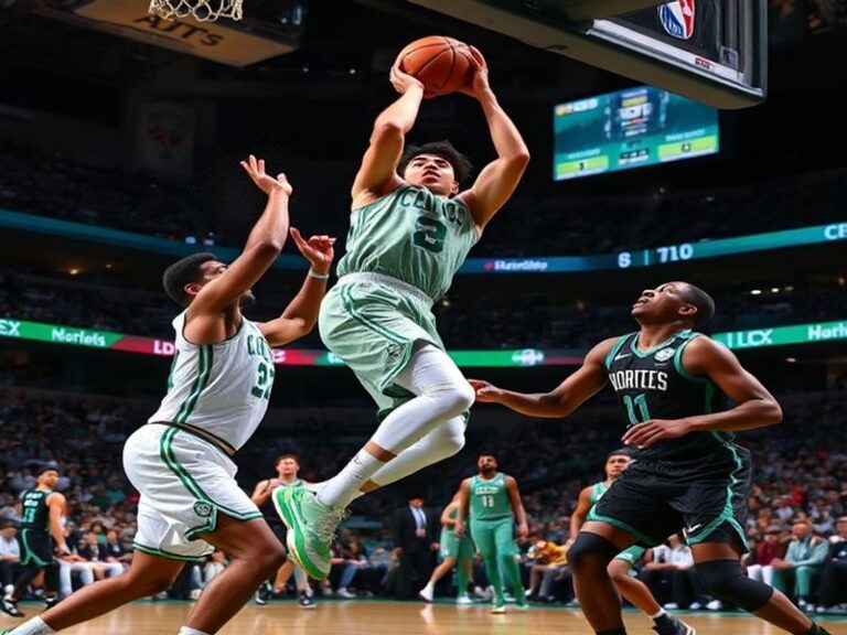 A dynamic NBA basketball scene featuring Jayson Tatum of the Celtics driving past LaMelo Ball of the Hornets, with the TD Gar