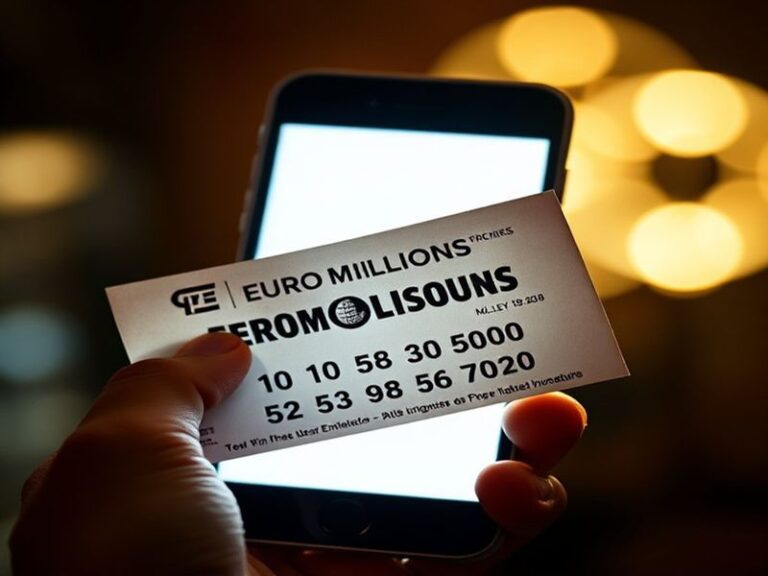 A bright, modern lottery ticket with EuroMillions branding, surrounded by scattered golden Euro coins and a glowing smartphon