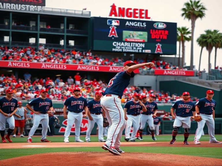 A dynamic shot of Shohei Ohtani at bat during a night game at Angel Stadium, with the scoreboard and crowd in the background,