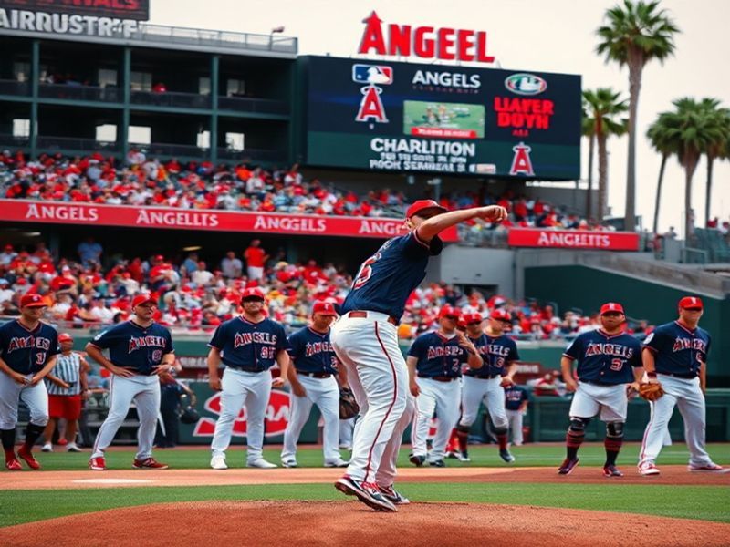 A dynamic shot of Shohei Ohtani at bat during a night game at Angel Stadium, with the scoreboard and crowd in the background,