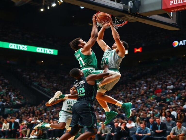 A split-image visual: on the left, a Boston Celtics player in green and white with a championship banner backdrop; on the rig