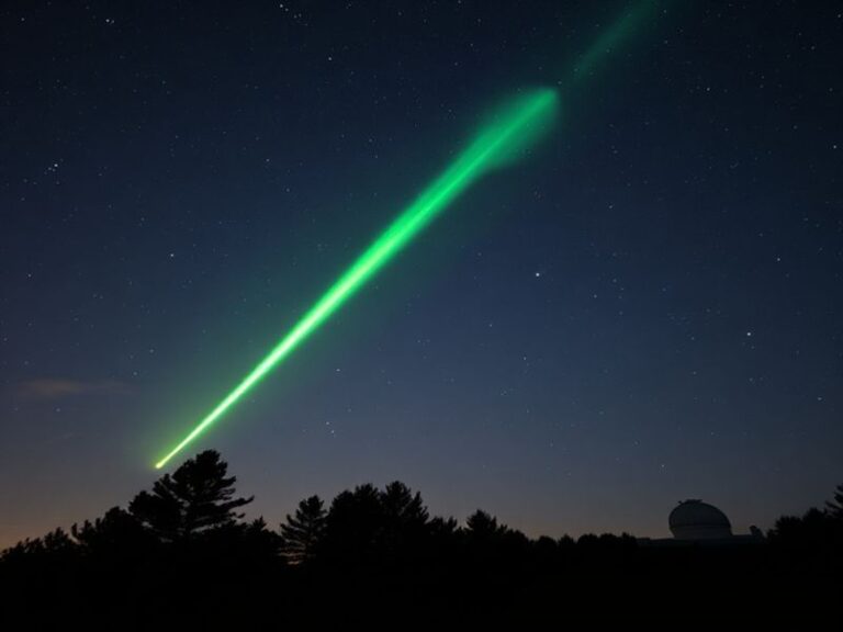 A wide-angle night sky photograph capturing a bright green meteor fireball streaking across the sky, leaving a glowing trail,
