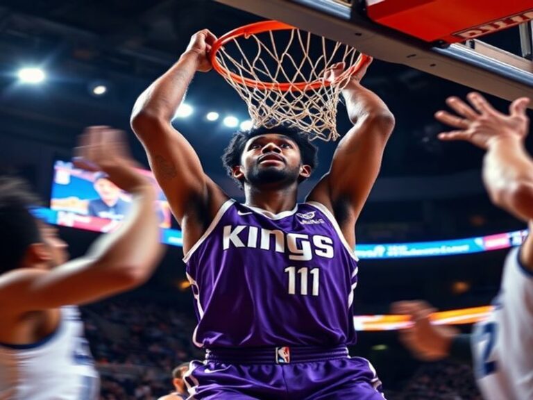 A dynamic action shot of Marvin Bagley III in a Pistons uniform, mid-dunk during a game, showcasing his athleticism and inten