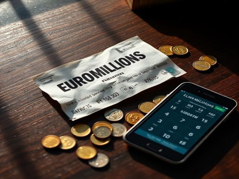 A vibrant lottery ticket with EuroMillions branding, surrounded by golden Euro coins and a lottery ball machine in the backgr
