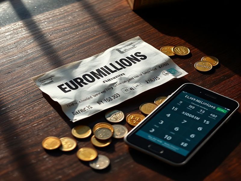 A vibrant lottery ticket with EuroMillions branding, surrounded by golden Euro coins and a lottery ball machine in the backgr