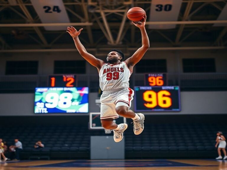 A close-up shot of Mike Trout at bat during a Los Angeles Angels game at Angel Stadium, with the scoreboard in the background