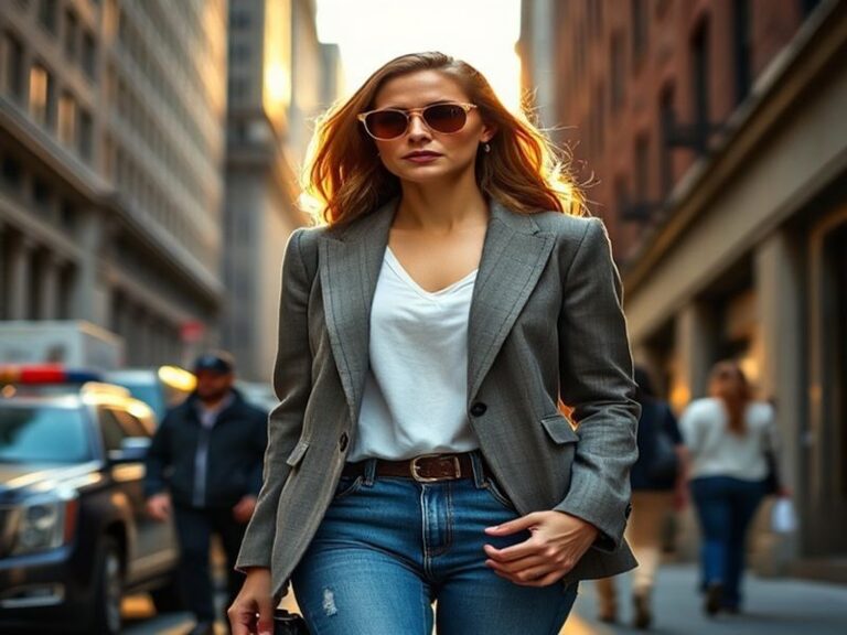 A professional portrait of Sophia Hutchins in a modern office setting, wearing a stylish yet minimalist outfit with a tech-fo