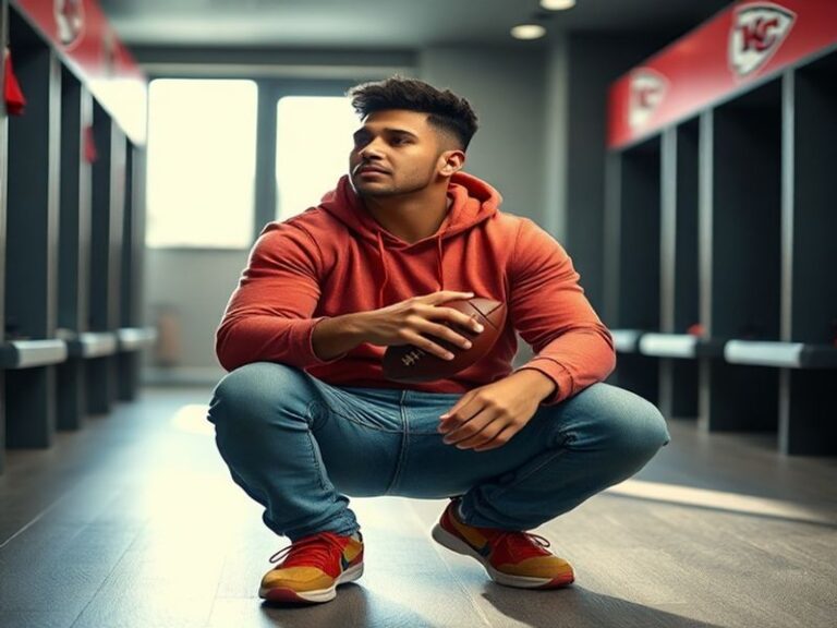 A dynamic photo of Patrick Mahomes in action during a Chiefs game, with his family watching from the stands and a global map