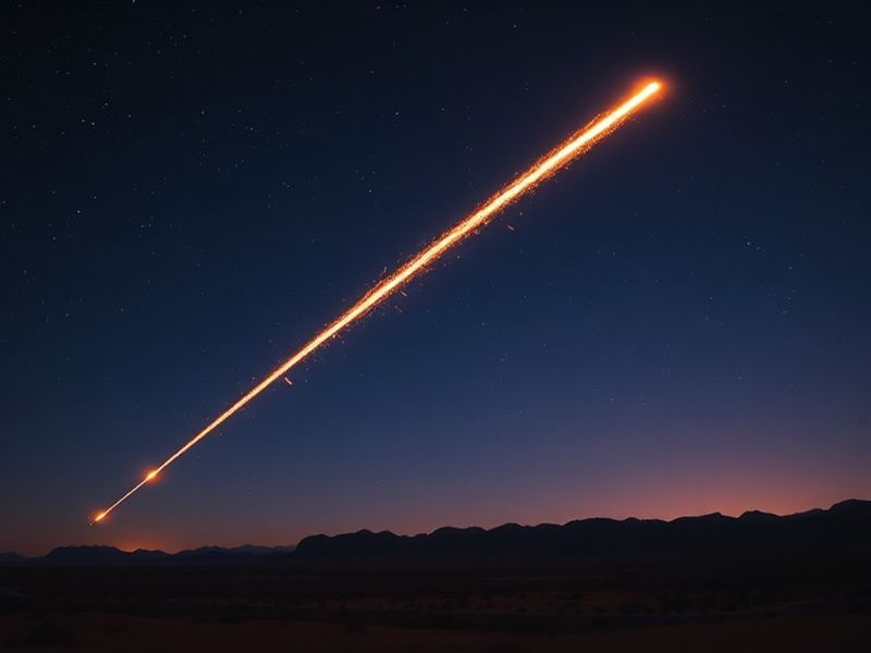 A vibrant night sky over a desert landscape with a bright green fireball meteor streaking across the horizon, leaving a glowi