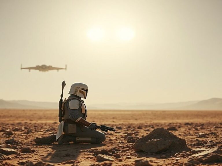 A cinematic shot of Din Djarin in his iconic Mandalorian armor holding Grogu, set against a vast desert landscape with a hove
