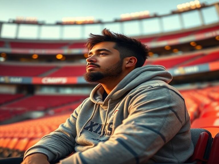 A dynamic action shot of Patrick Mahomes mid-throw during a Chiefs game, wearing his red jersey with the number 15, surrounde