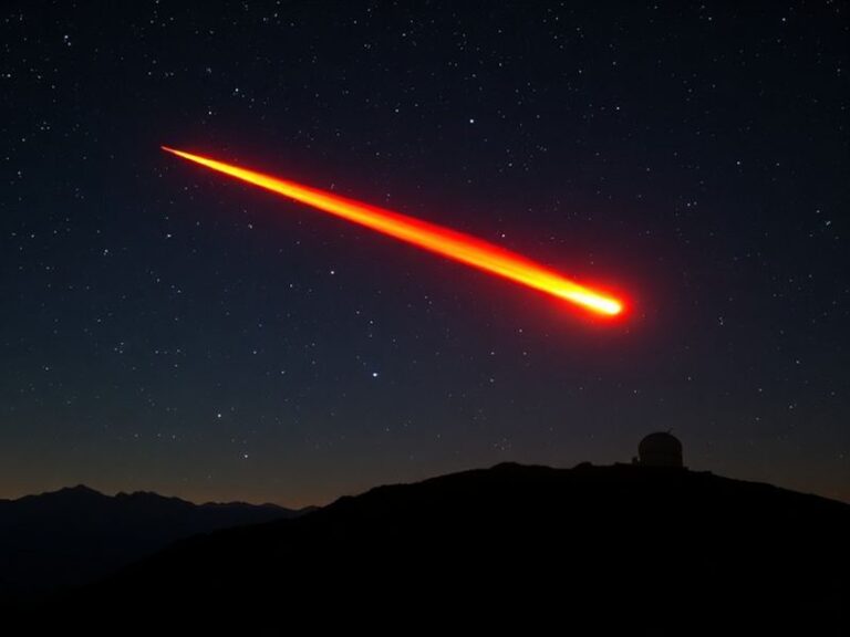 A vibrant night sky with a bright fireball meteor streaking across, leaving a glowing trail. The scene includes a silhouetted