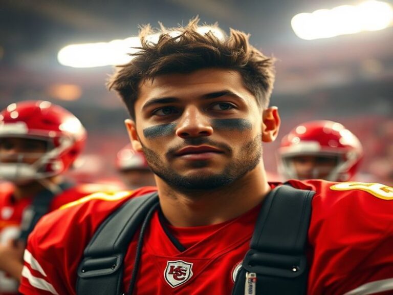 A dynamic action shot of Patrick Mahomes mid-throw in a Chiefs uniform, with a blurred stadium background emphasizing motion