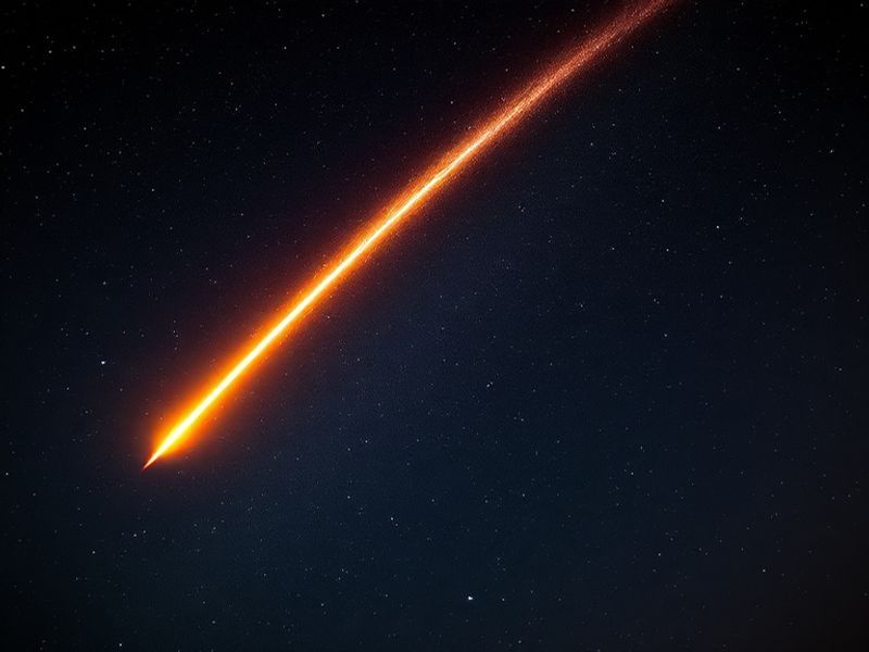A vibrant night sky scene featuring a bright fireball meteor streaking across the horizon, with silhouetted trees and a faint