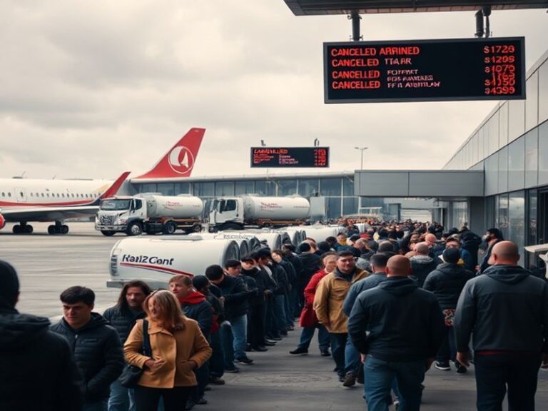 A crowded airport terminal with frustrated travelers checking flight boards displaying numerous cancellations. The scene is t