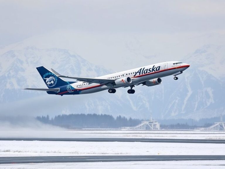 A modern Alaska Airlines aircraft taking off against a backdrop of snow-capped mountains, symbolizing the airline's blend of